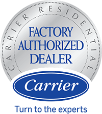 Carrier Factory Authorized Dealer badge. Silver/Blue