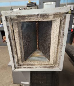 Dirty fan coil removed from attic.